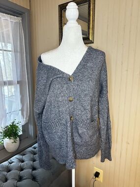 Ella Moss Cardigan Sweater Women M Gray Button Front Knit Lightweight Cozy